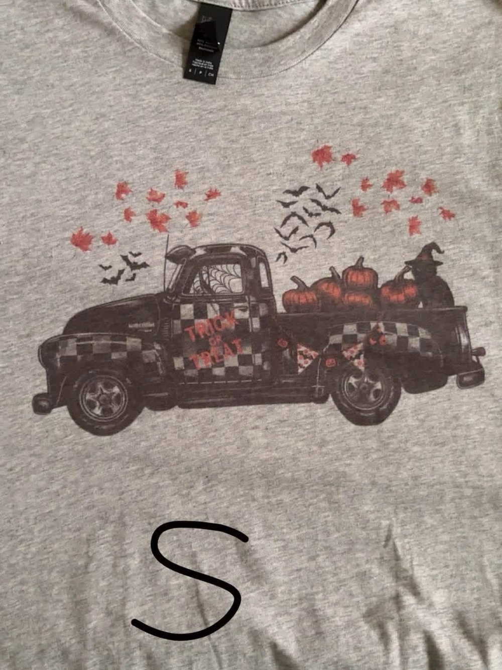 Gildan Gray Short Sleeve Tee with Halloween Truck and Pumpkins